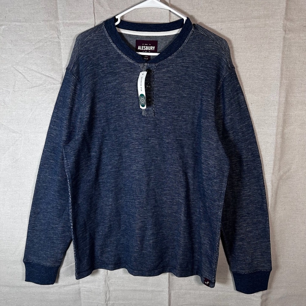 Alesbury Riverdale Thermal Henley‎ Mens Large Navy Blue Waffle Knit Long Sleeve